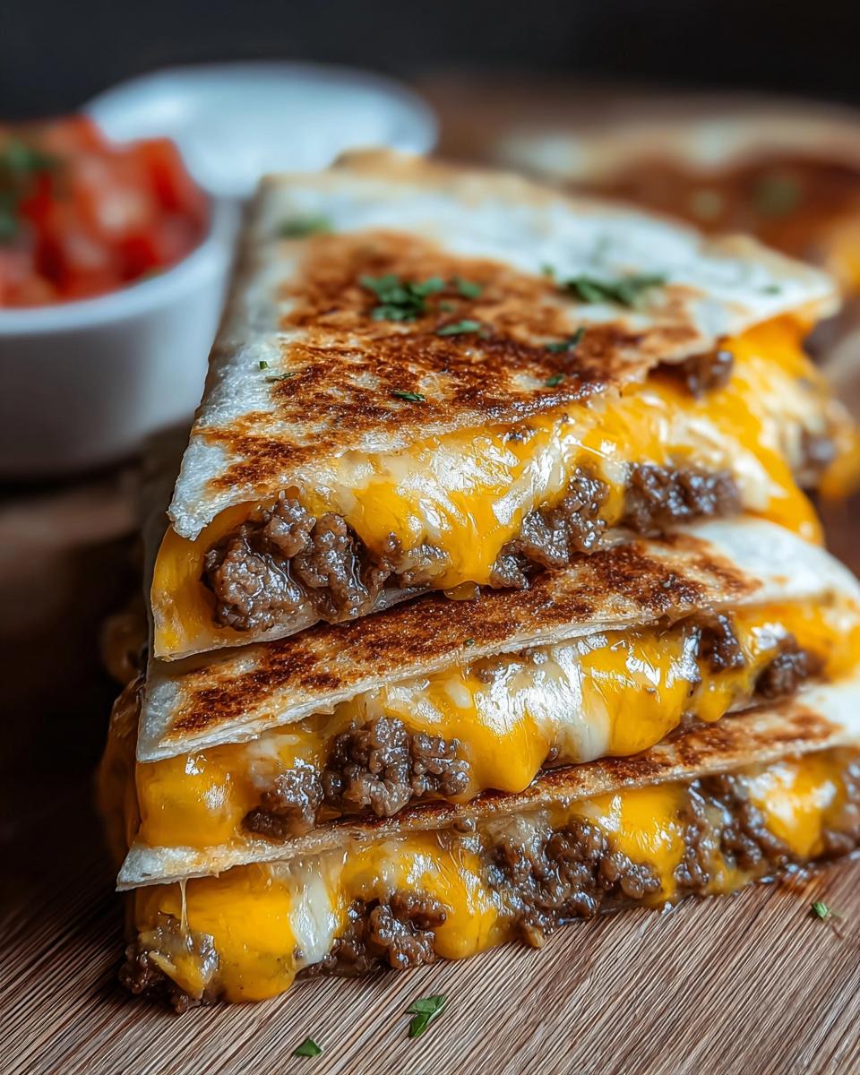 Stack of golden-brown Smashburger Quesadillas oozing with melted cheese and seasoned ground beef.