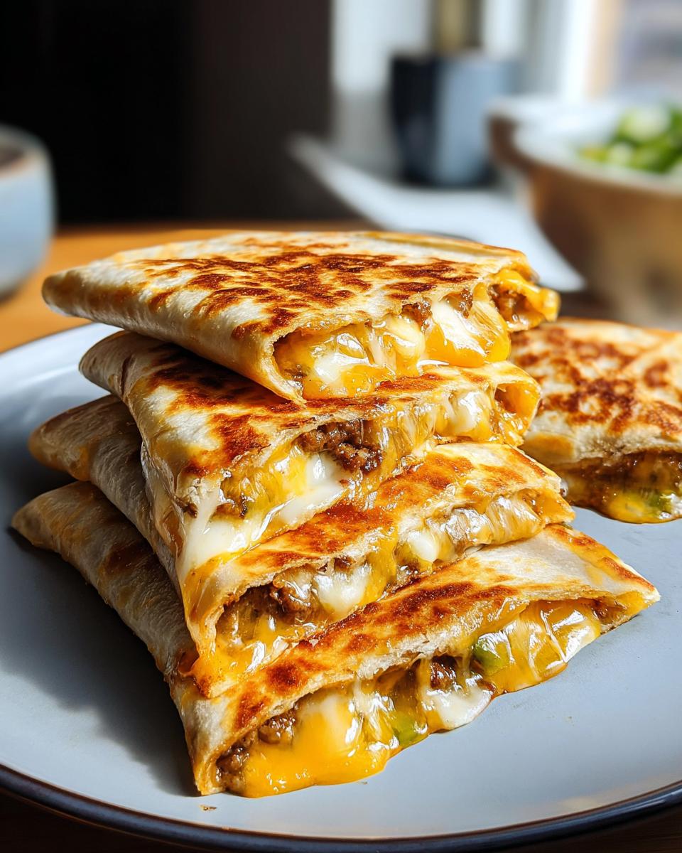A stack of golden-brown Smashburger Quesadillas, oozing with melted cheese and savory ground beef filling.