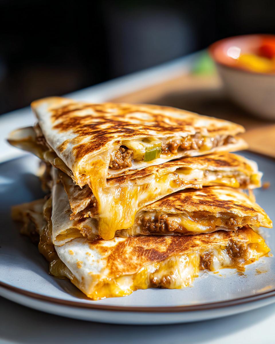 Stack of golden-brown Smashburger Quesadillas oozing with melted cheese and savory ground beef filling.