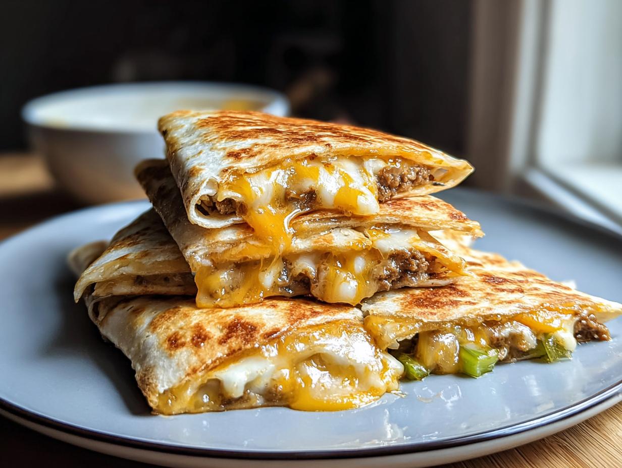 A stack of golden-brown Smashburger Quesadillas, oozing with melted cheese and savory ground beef filling.