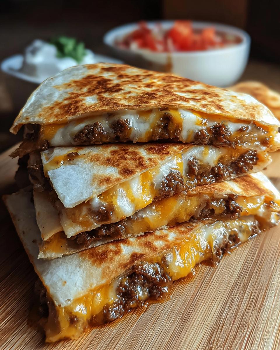 Stack of delicious Smashburger Quesadillas, oozing with melted cheese and seasoned ground beef.