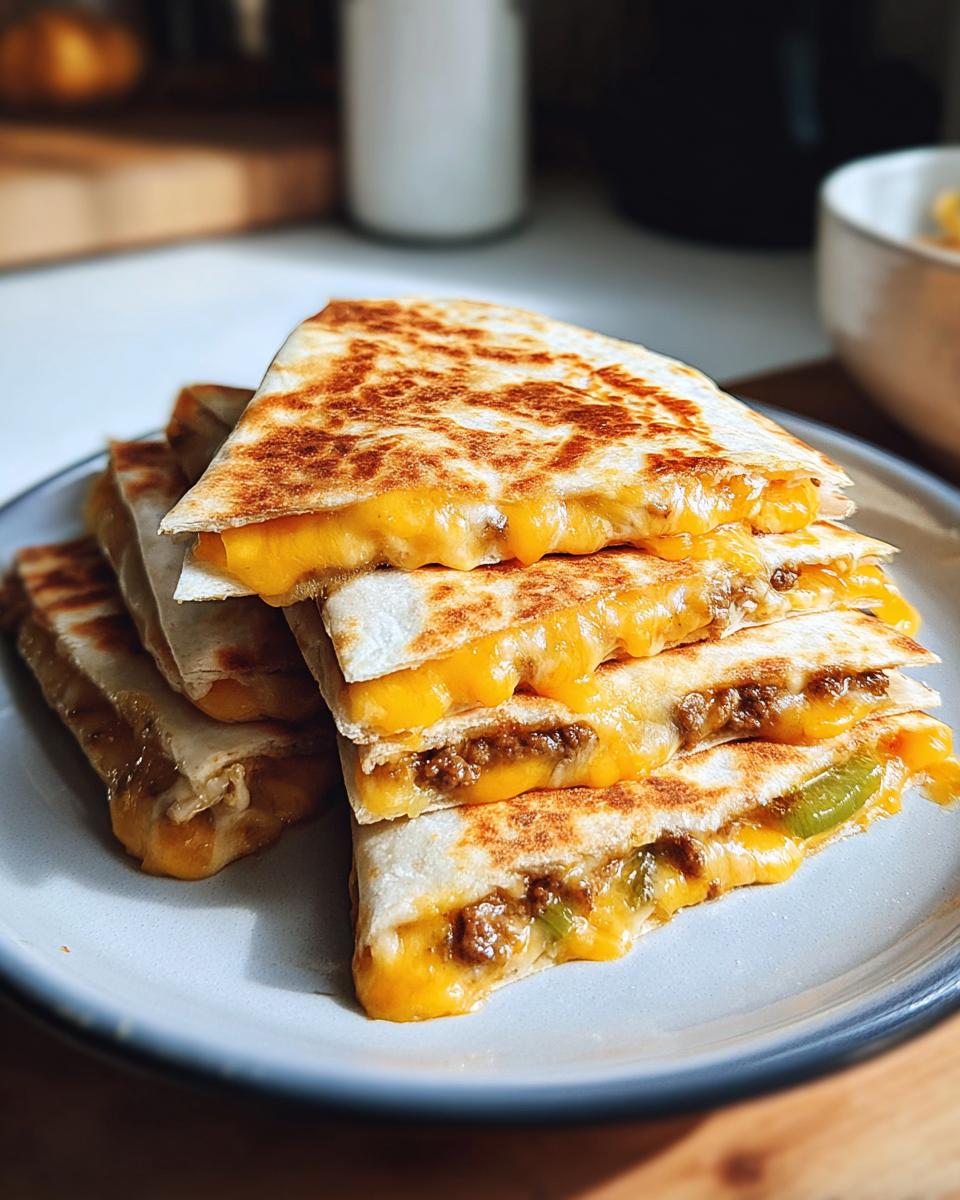 A stack of golden-brown Smashburger Quesadillas filled with melted cheese and seasoned ground beef.
