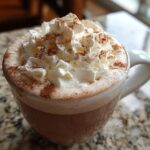 A close-up of a Starbucks Christmas Gingerbread Latte topped with whipped cream and a sprinkle of cinnamon.