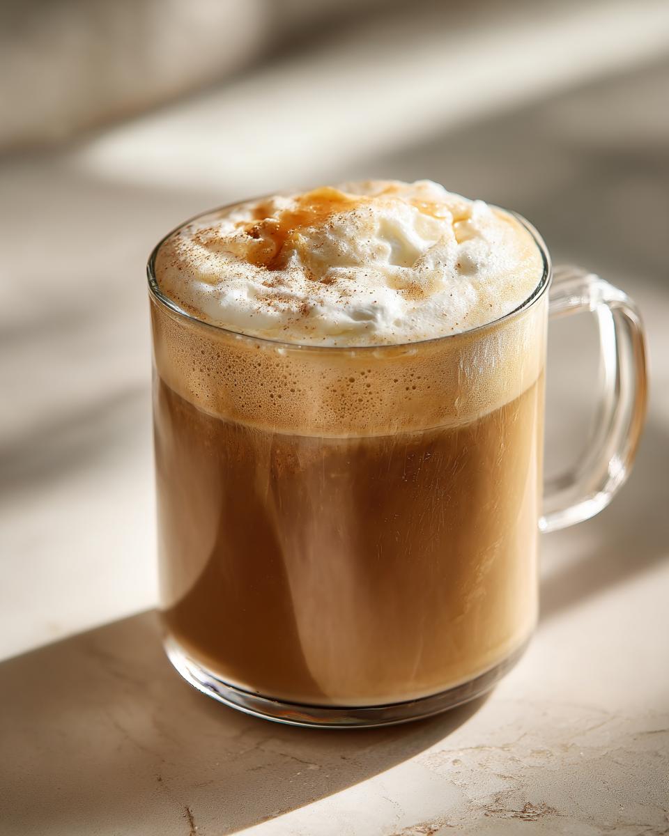 A close-up of a Perfect Every Time Starbucks Drink in a clear mug, topped with whipped cream, caramel drizzle, and cinnamon.