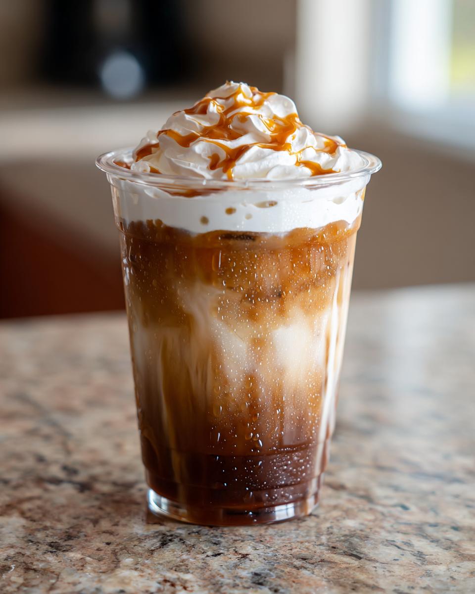 A delicious caramel iced coffee from Starbucks, topped with whipped cream and caramel drizzle.