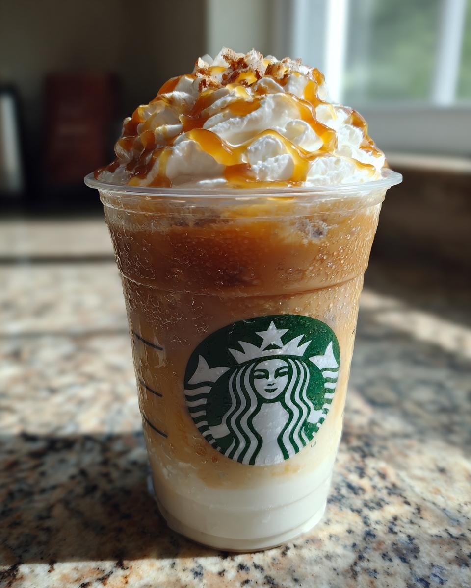 A Starbucks iced coffee topped with whipped cream, caramel drizzle, and cinnamon.
