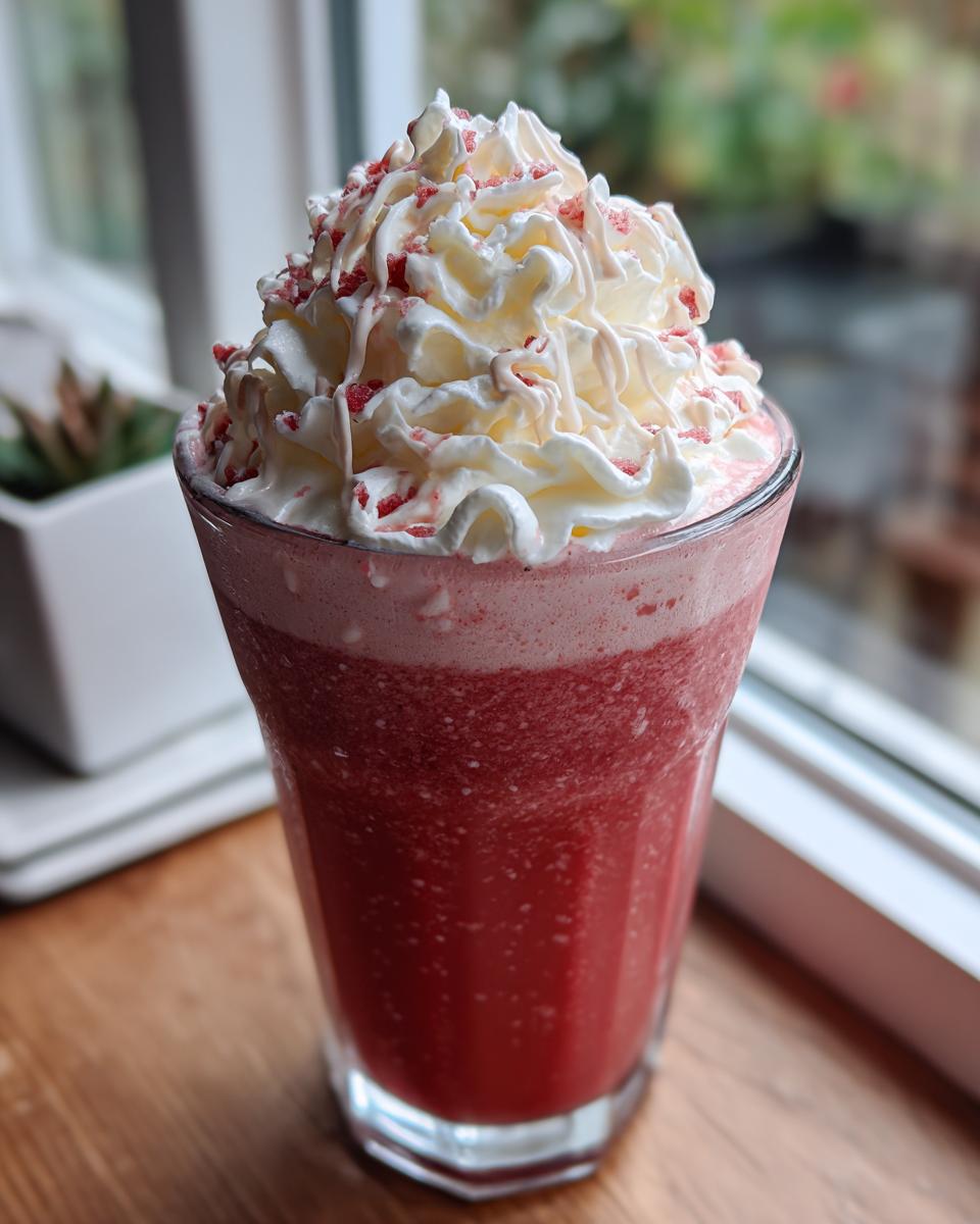 A tall glass of a pink blended Starbucks Secret Menu Drink topped with whipped cream and red sprinkles.