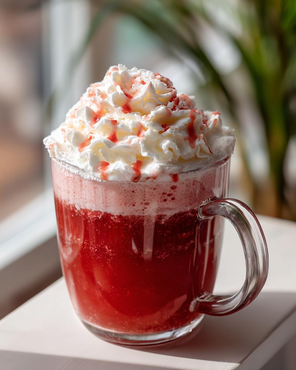 A vibrant red Starbucks secret menu drink topped with whipped cream and a red drizzle.