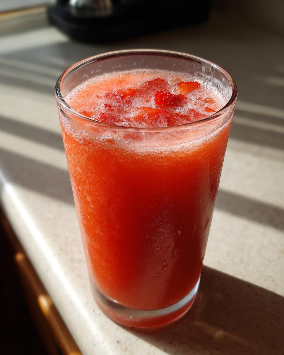 A tall glass filled with vibrant red strawberry peach juice, topped with small pieces of strawberry.