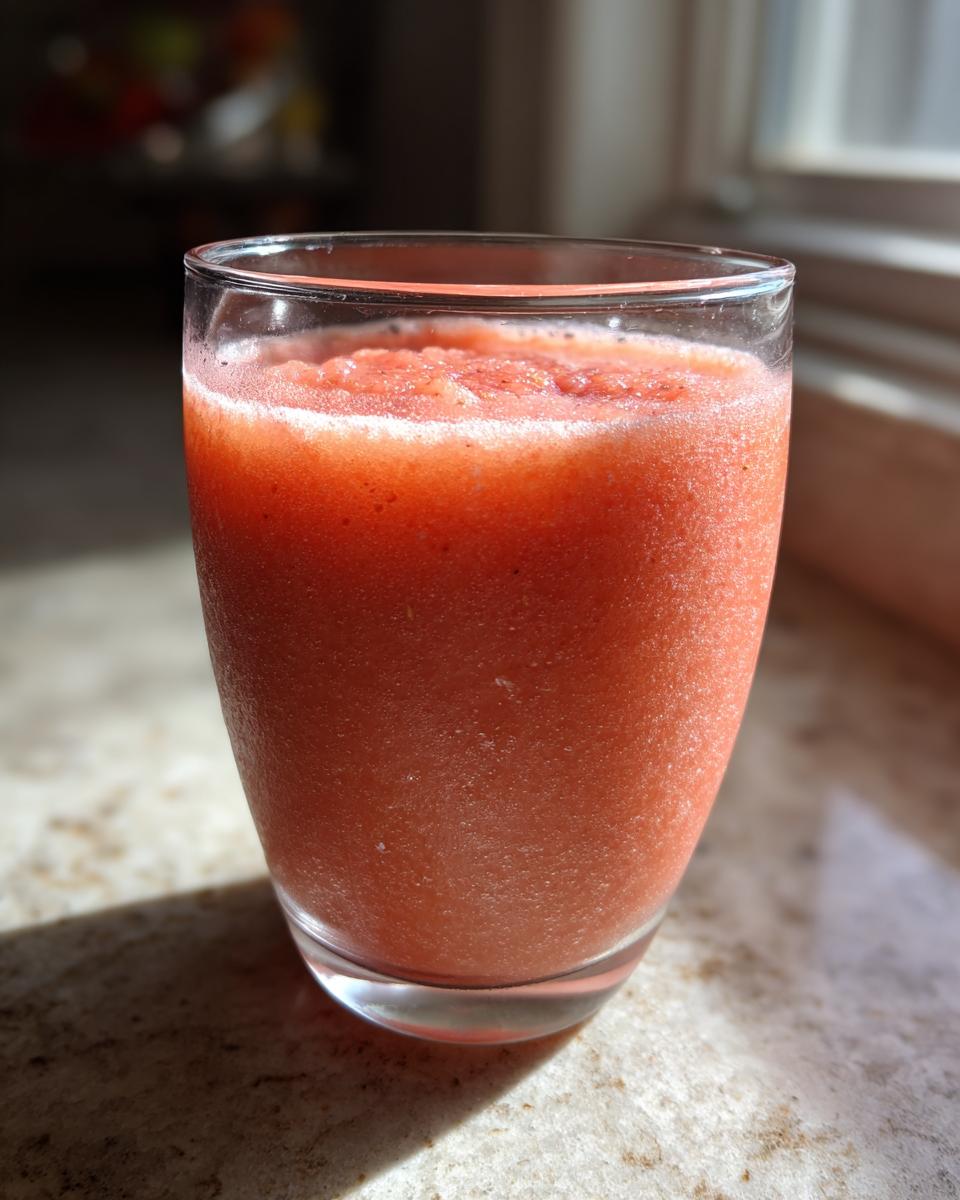 A glass of blended strawberry peach juice, showing its vibrant pink color and frothy top.