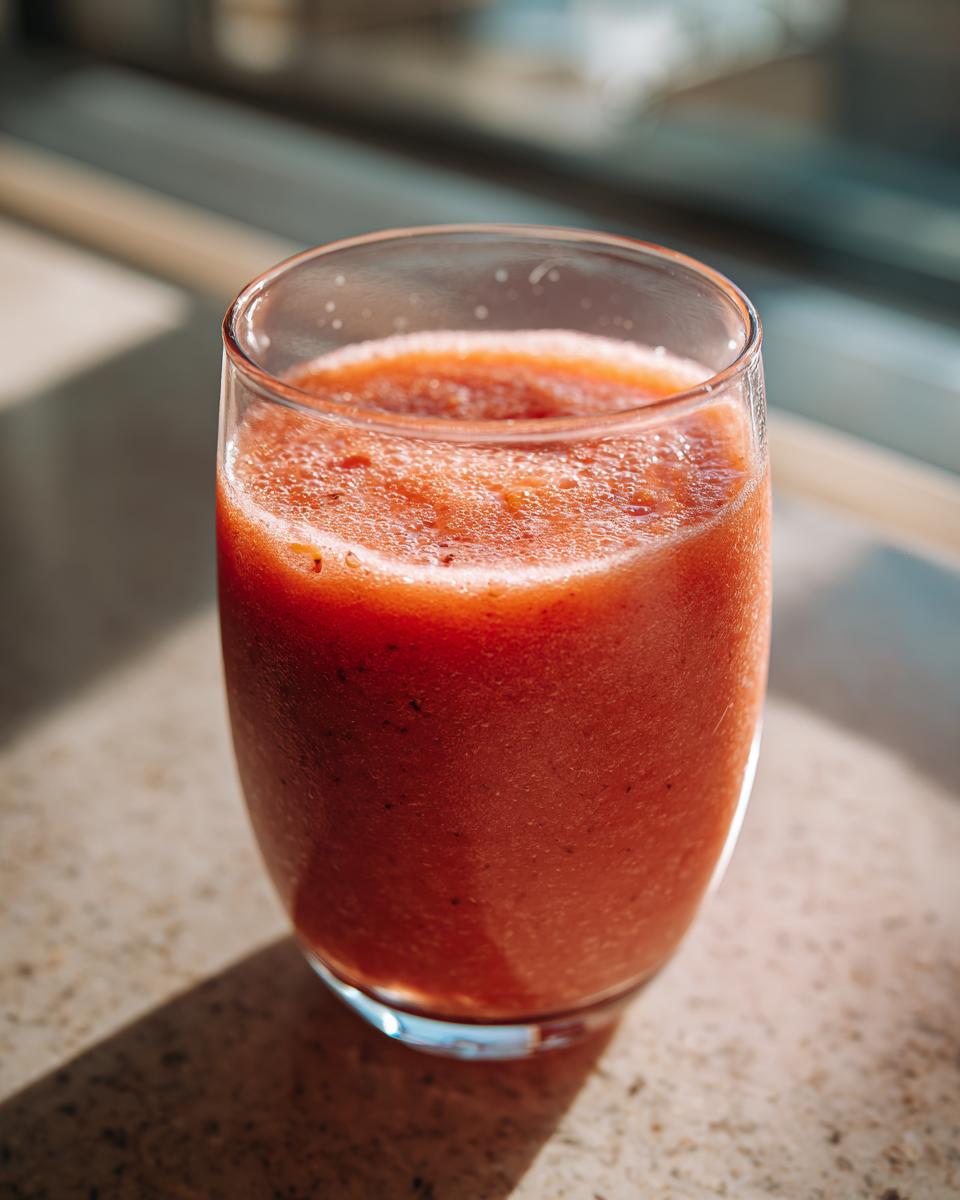 A glass of vibrant strawberry peach juice, ready to be enjoyed.