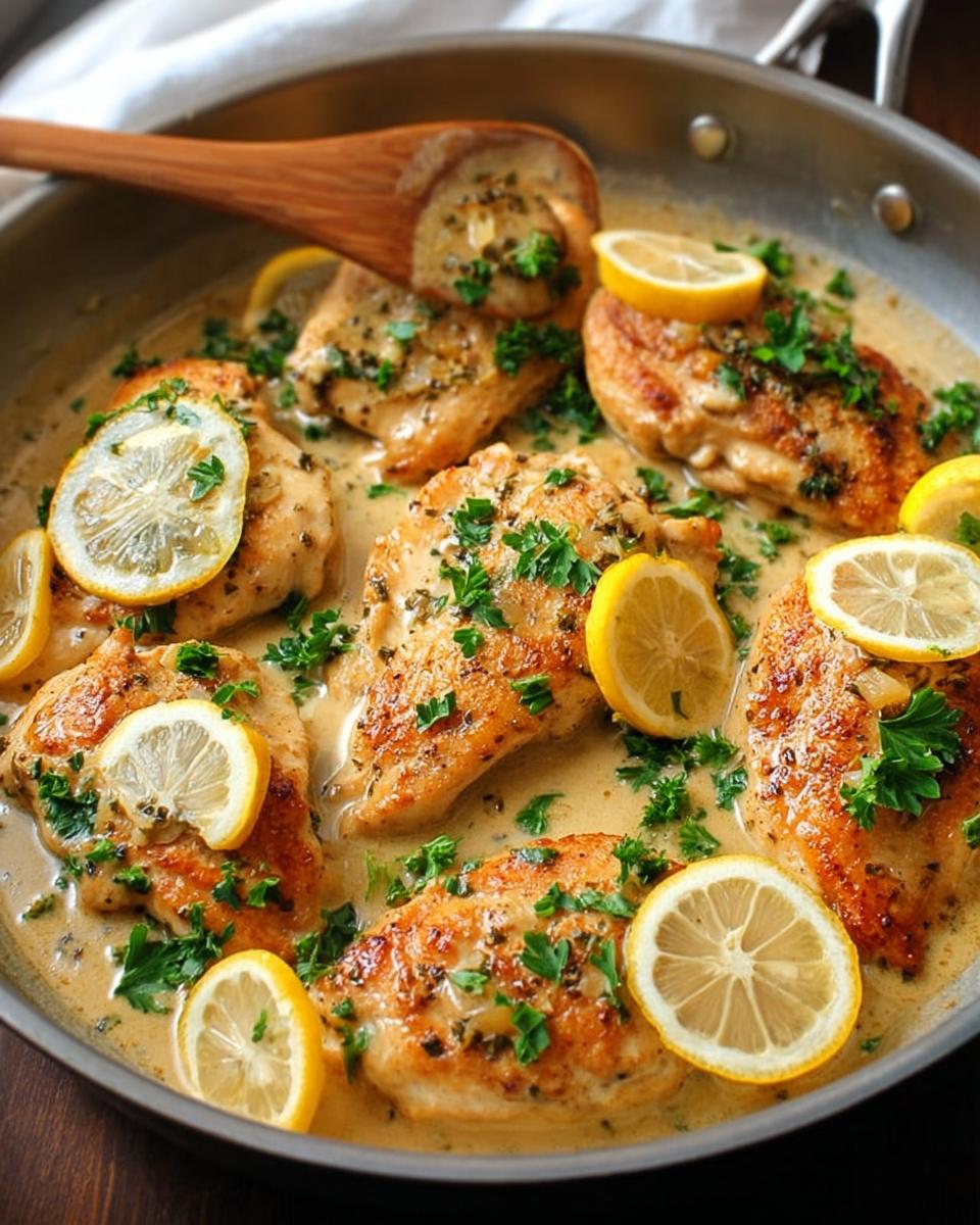 A pan of Tangy Creamy Lemon Chicken breasts in a creamy sauce, garnished with lemon slices and parsley.