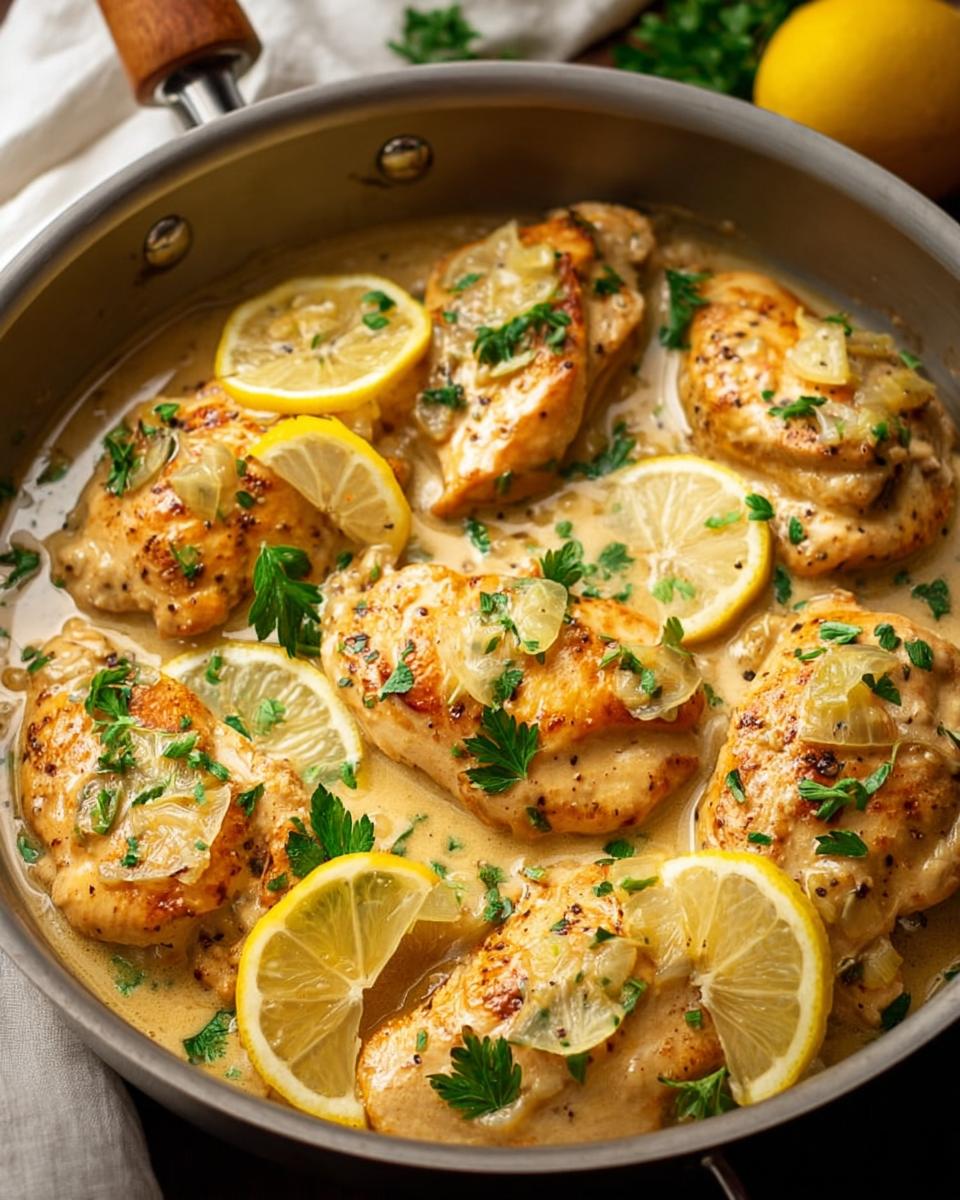 Close-up of Tangy Creamy Lemon Chicken recipe in a skillet, garnished with lemon slices and parsley.