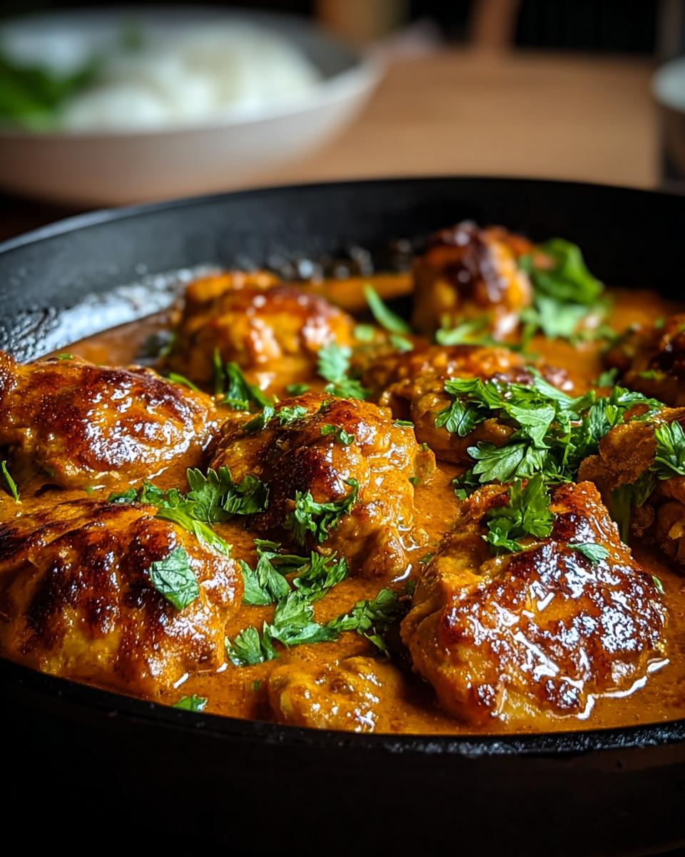 Close-up of Texas Roadhouse Butter Chicken Skillet in a cast-iron pan, garnished with fresh parsley.