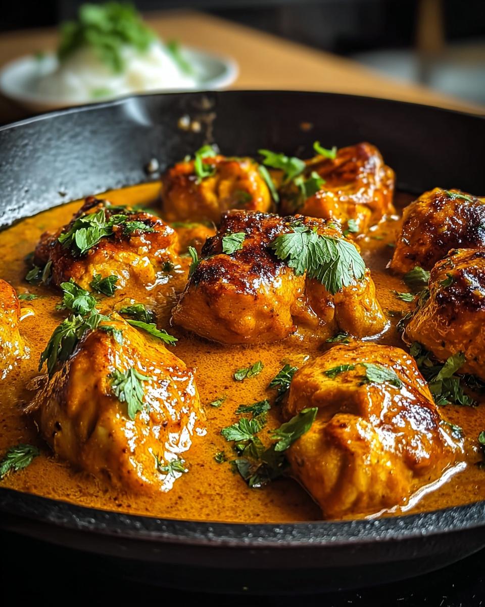 Close-up of tender chicken pieces in a rich, orange butter chicken sauce, garnished with fresh parsley, in a skillet.