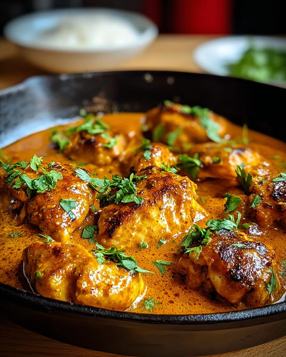 A close-up of a cast-iron skillet filled with tender pieces of Texas Roadhouse Butter Chicken in a rich, creamy sauce, garnished with fresh cilantro.