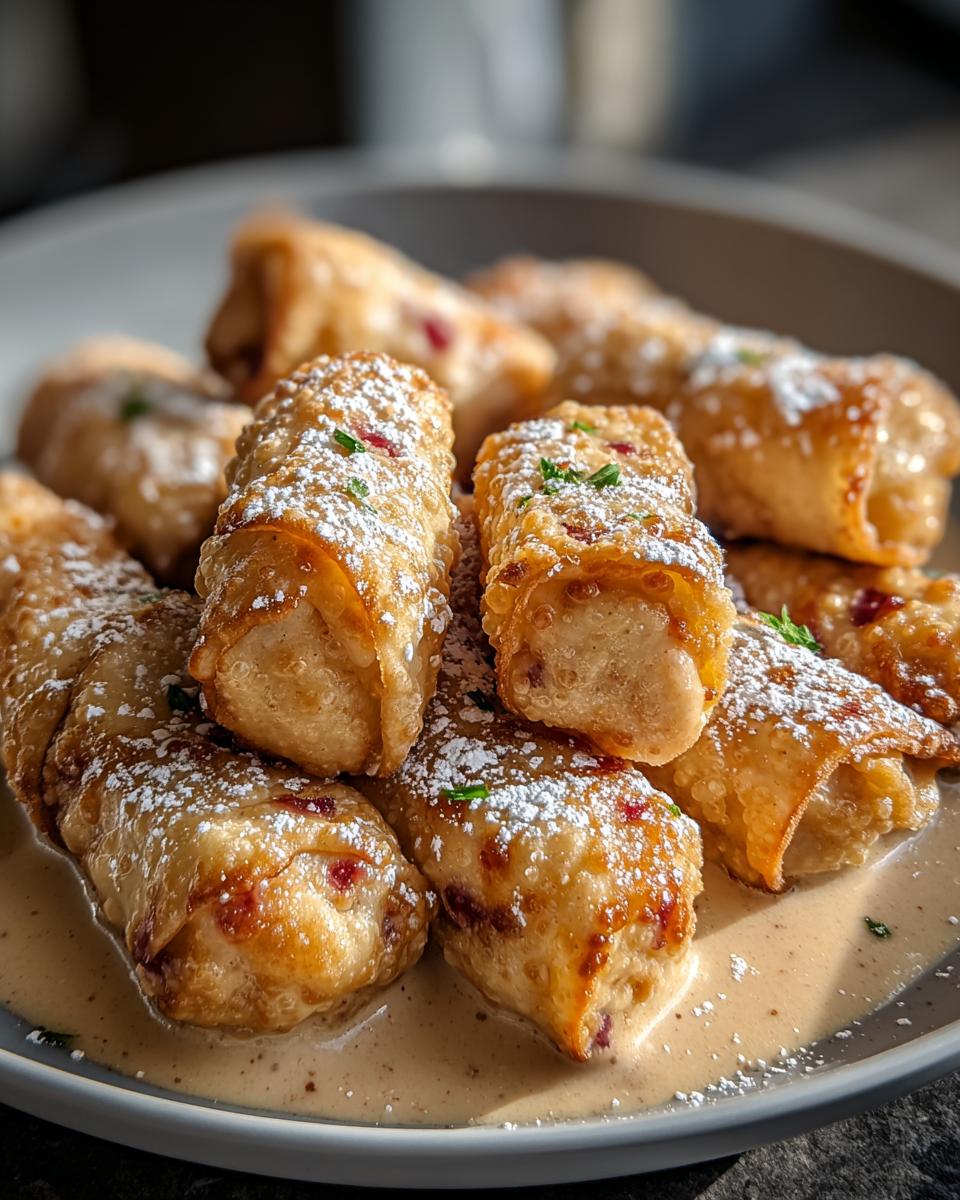 Golden fried rolls dusted with powdered sugar and served in a creamy sauce, inspired by Texas Roadhouse Butter Chicken Skillet.
