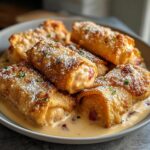 Golden fried rolls filled with creamy butter chicken, dusted with powdered sugar and herbs.