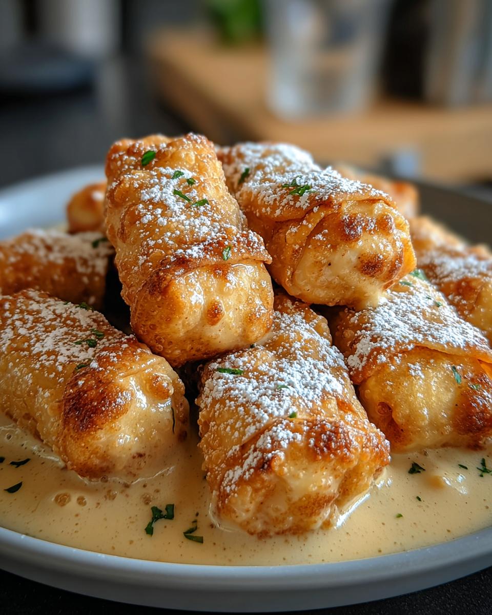 Golden fried rolls dusted with powdered sugar and herbs, served in a creamy sauce, inspired by Texas Roadhouse Butter Chicken Skillet.