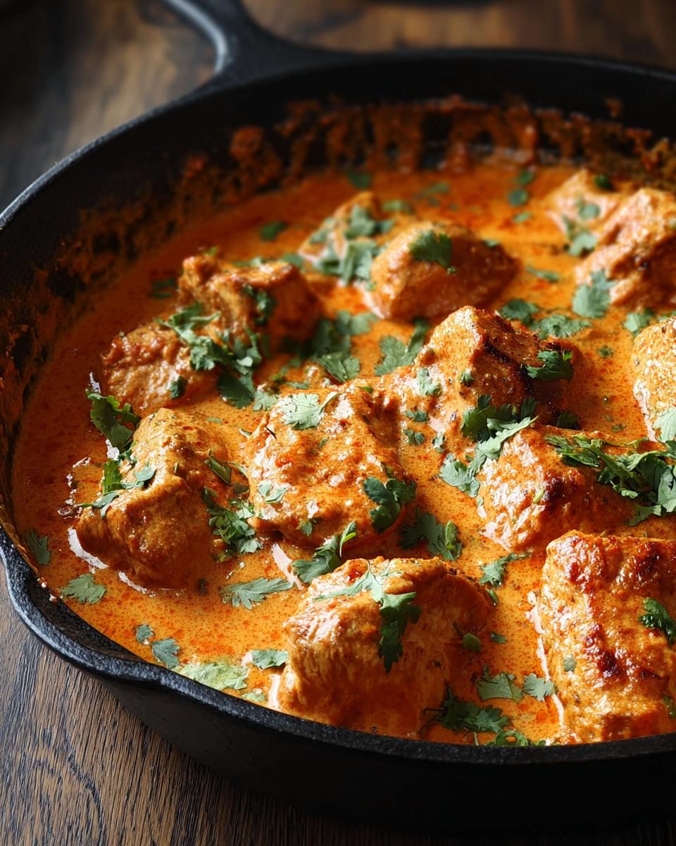 Close-up of tender chicken pieces in a rich, creamy orange sauce, garnished with fresh cilantro, prepared for Texas Roadhouse Chicken.