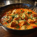 Close-up of tender chicken pieces in a creamy, orange sauce, garnished with fresh cilantro, part of the Best Texas Roadhouse Chicken recipe.
