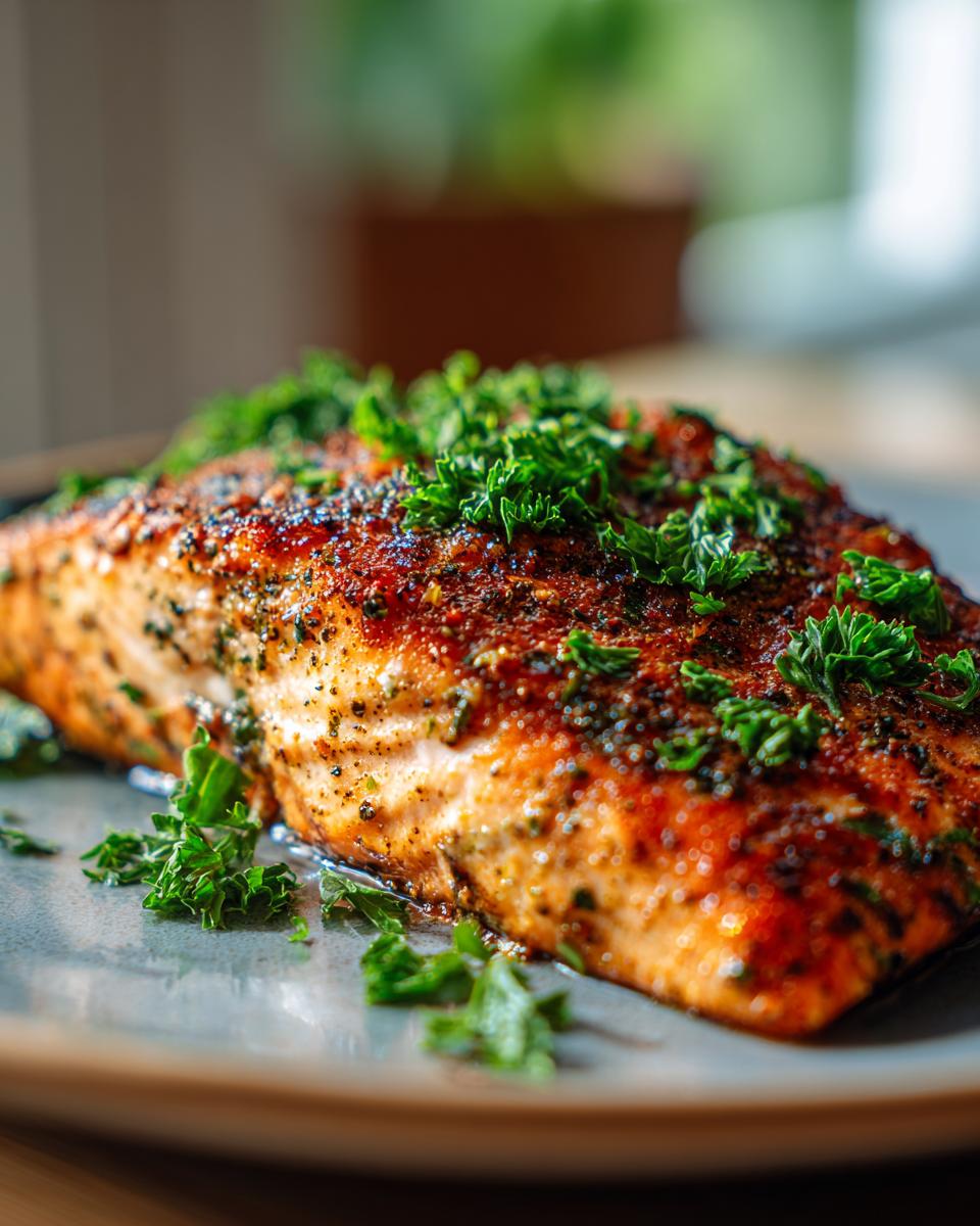 A perfectly cooked piece of Texas Roadhouse salmon, seasoned and garnished with fresh parsley, ready for a family dinner.