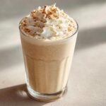 A tall glass filled with a creamy Vanilla Bean Frappe, topped with whipped cream and a sprinkle of cinnamon.