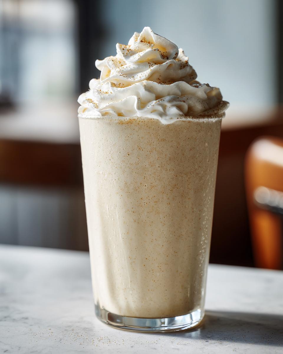 A perfectly blended Vanilla Bean Frappe topped with whipped cream and a sprinkle of cinnamon.