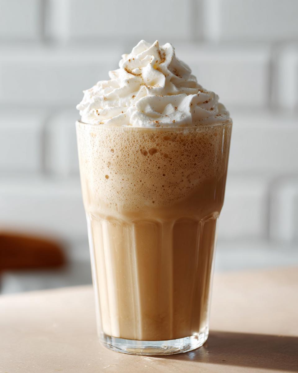 A tall glass filled with a creamy Vanilla Bean Frappe, topped with whipped cream and a sprinkle of cinnamon.