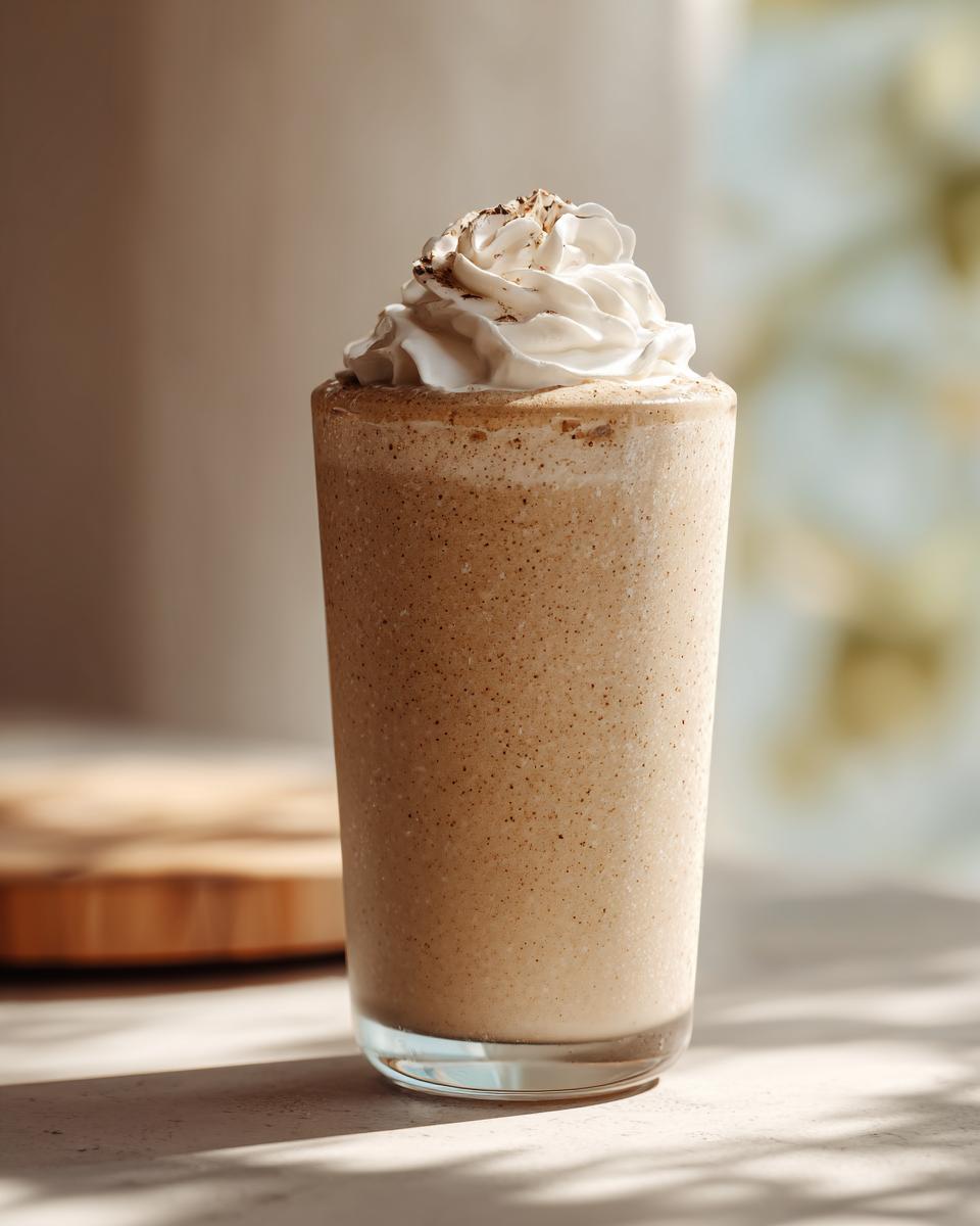 A delicious Vanilla Bean Frappe topped with whipped cream and a sprinkle of cinnamon in a tall glass.