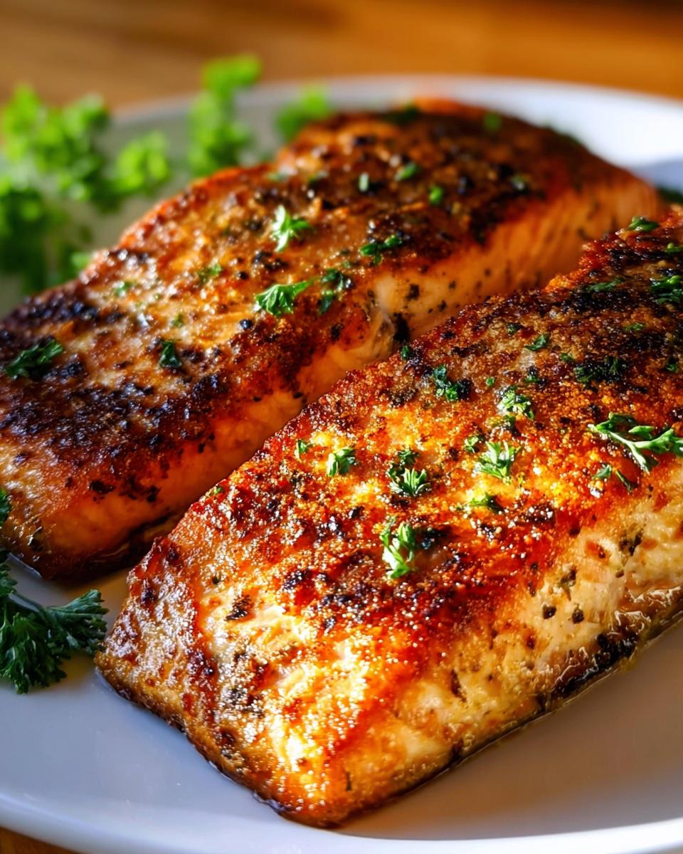 Two perfectly cooked Air Fryer Salmon fillets with a crispy, seasoned crust, garnished with fresh parsley.