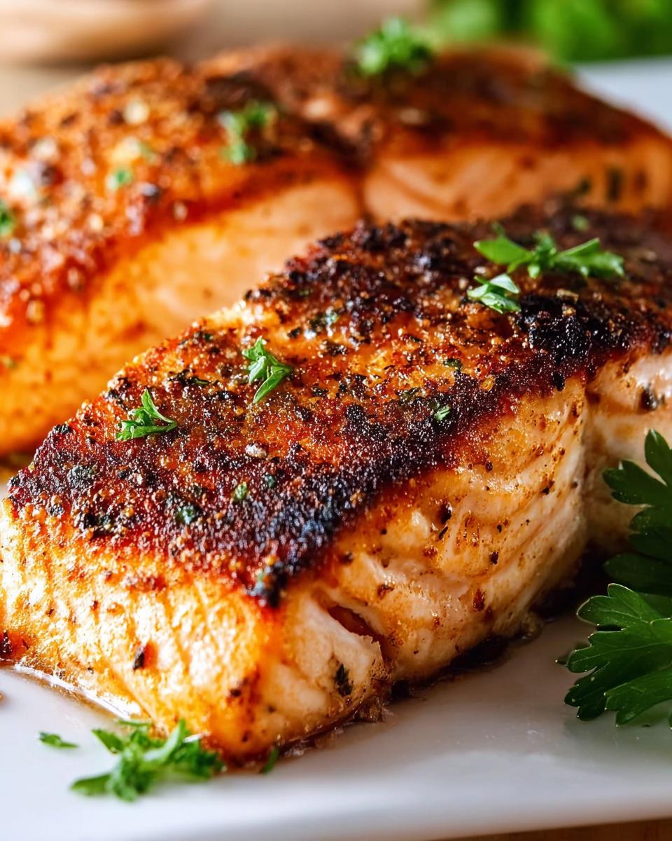 Close-up of perfectly cooked Air Fryer Salmon with a quick crisp, seasoned and garnished with parsley.