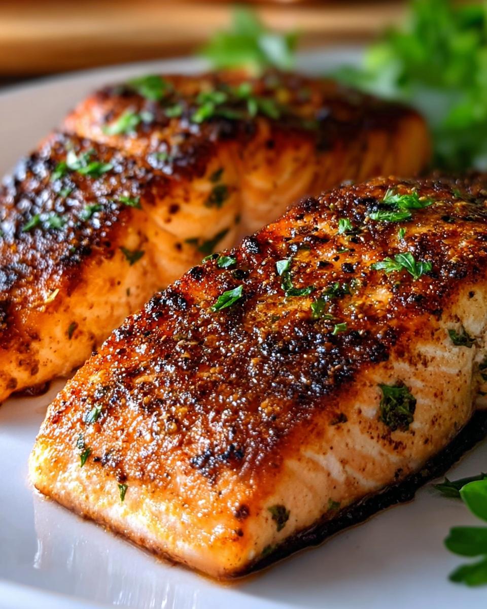 Two perfectly cooked fillets of Air Fryer Salmon with Quick Crisp, seasoned and garnished with fresh parsley.