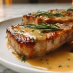 Close-up of juicy Apple Cider Pork Chops with a rich sauce and fresh rosemary garnish.
