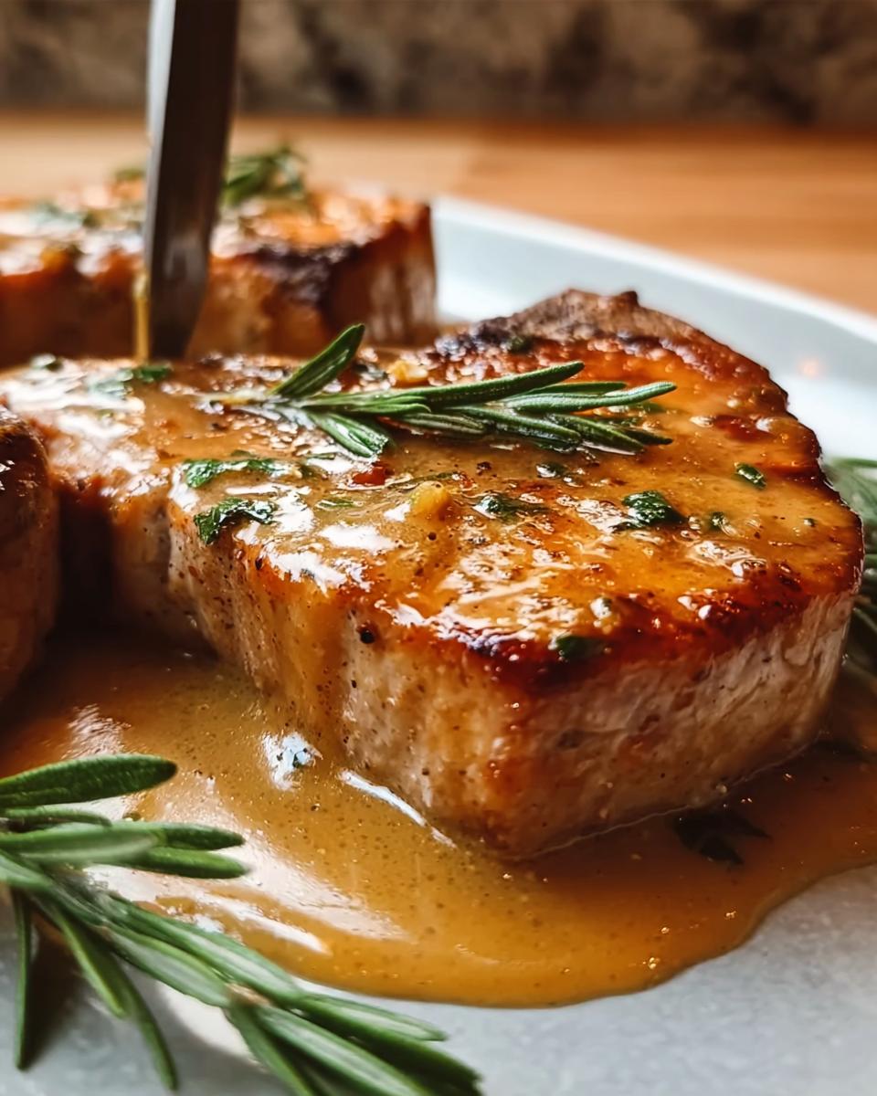 Close-up of juicy Apple Cider Pork Chops with a rich, glossy sauce and fresh rosemary garnish.