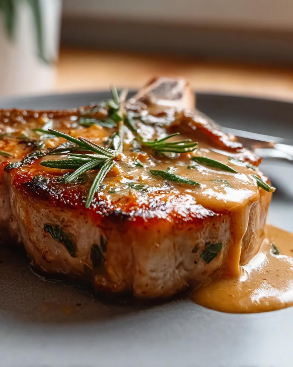 Close-up of a juicy Apple Cider Pork Chop covered in a rich, savory sauce and garnished with fresh rosemary.