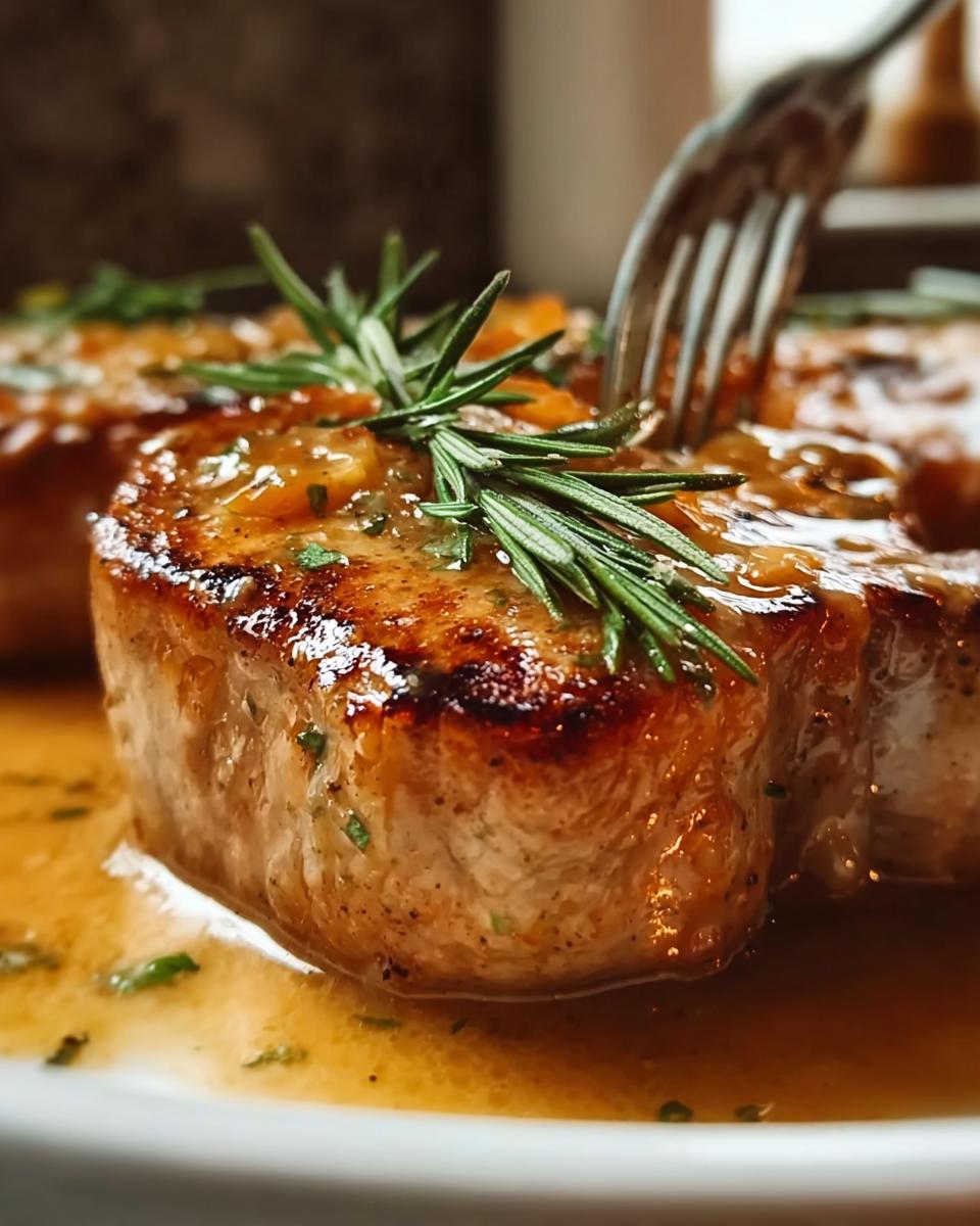 Close-up of a juicy Apple Cider Pork Chop topped with rosemary and a rich sauce.