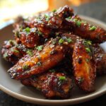 Close-up of glistening Asian Inspired Wings with Soy Ginger Glaze, garnished with sesame seeds and green onions.