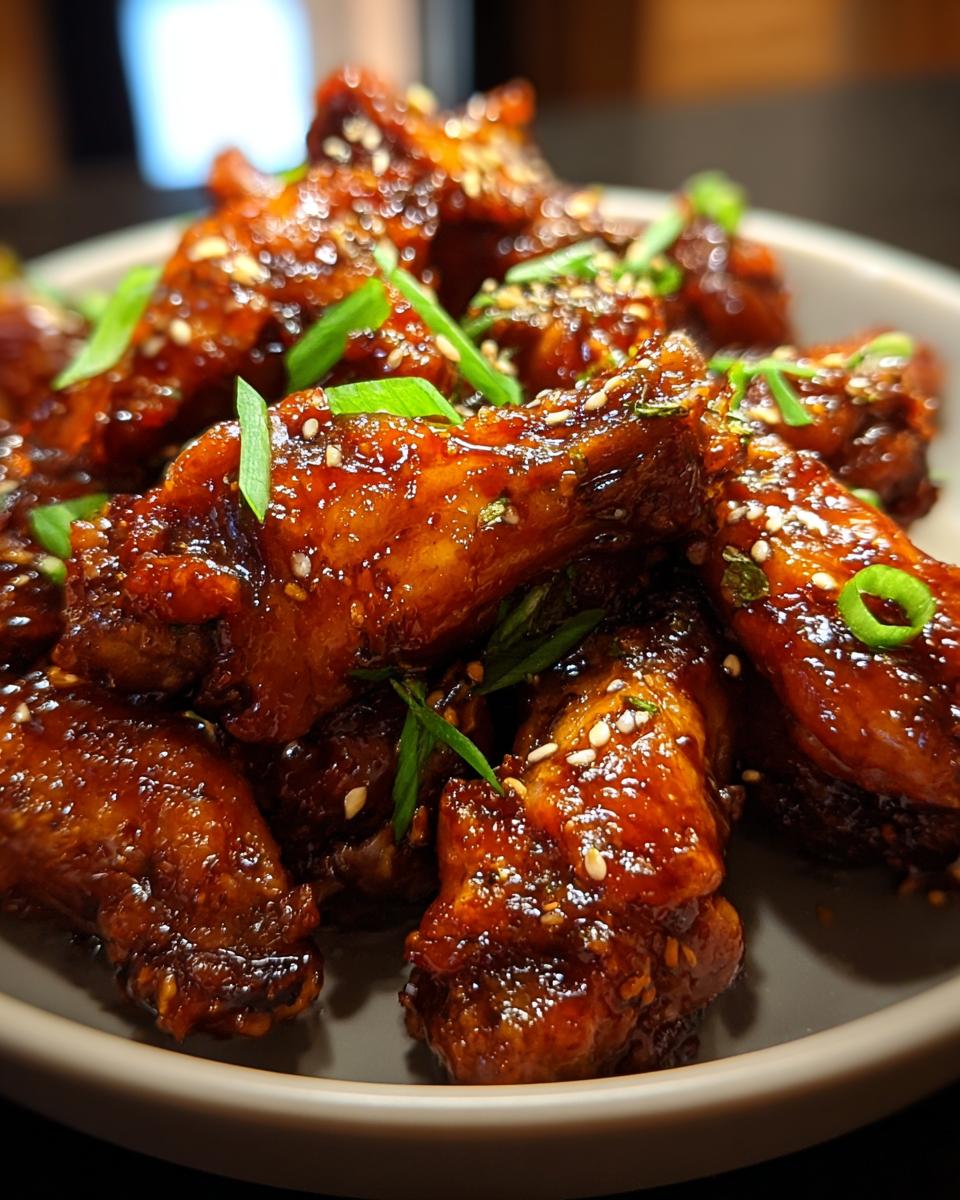 Close-up of delicious Asian Inspired Wings with Soy Ginger Glaze, garnished with sesame seeds and green onions.