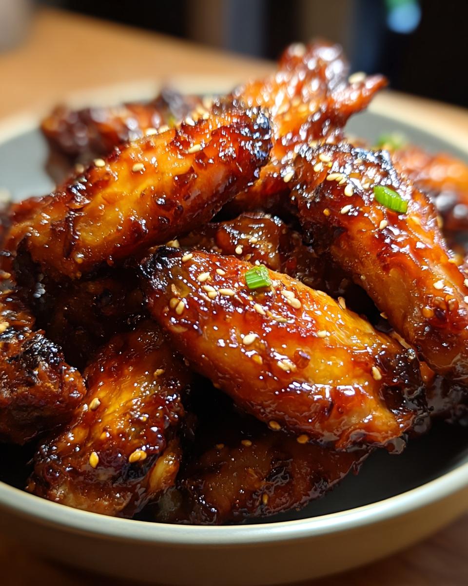 Close-up of glossy Asian Inspired Wings with Soy Ginger Glaze, sprinkled with sesame seeds and green onions.