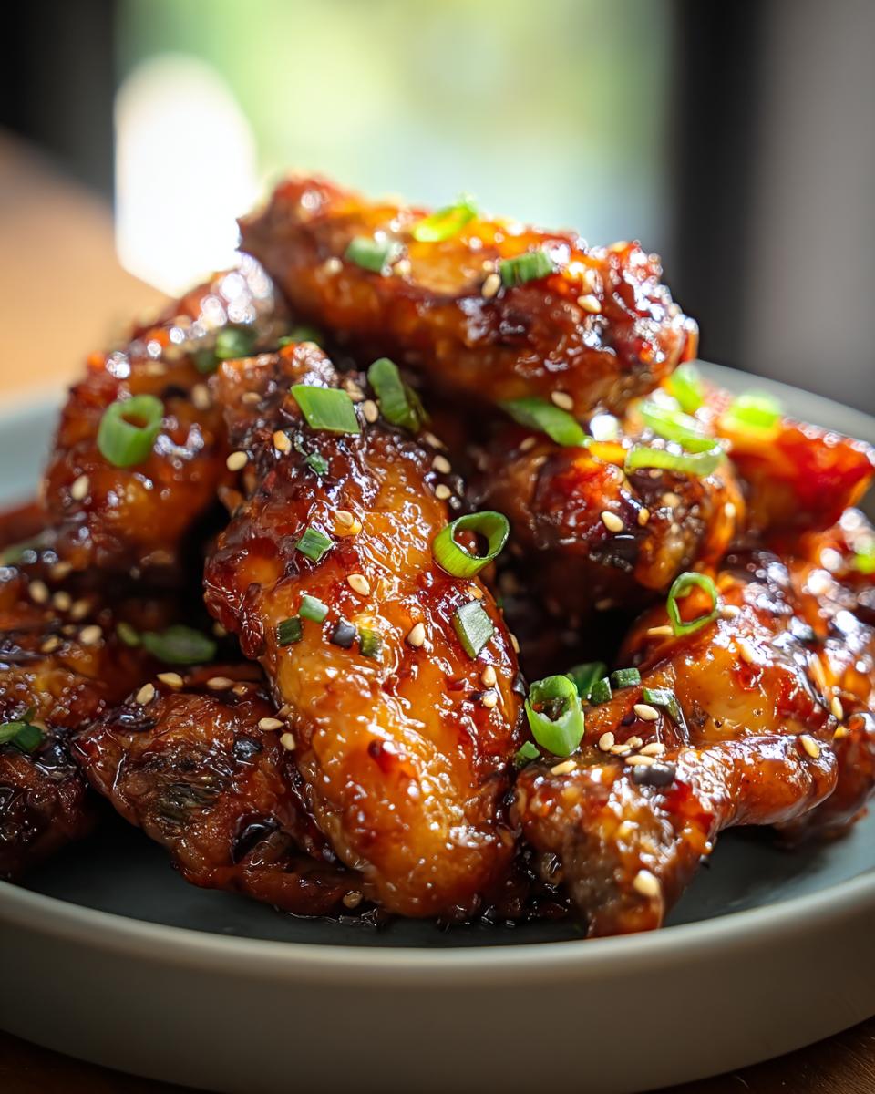 A close-up of delicious Asian Inspired Wings with Soy Ginger Glaze, garnished with sesame seeds and green onions.