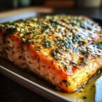 A close-up of a perfectly baked salmon fillet, glistening with herbs and Dijon sauce.