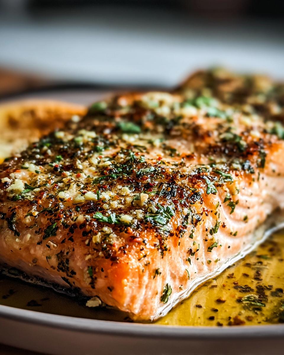 Close-up of a flaky baked salmon fillet topped with Dijon mustard, garlic, and fresh herbs.