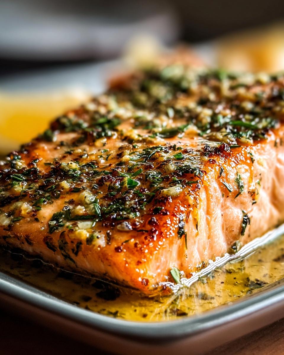 Close-up of a perfectly baked salmon fillet topped with Dijon mustard, garlic, and fresh herbs.