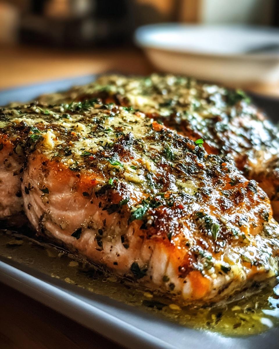 Close-up of flaky baked salmon with a golden crust, topped with Dijon mustard and fresh herbs.
