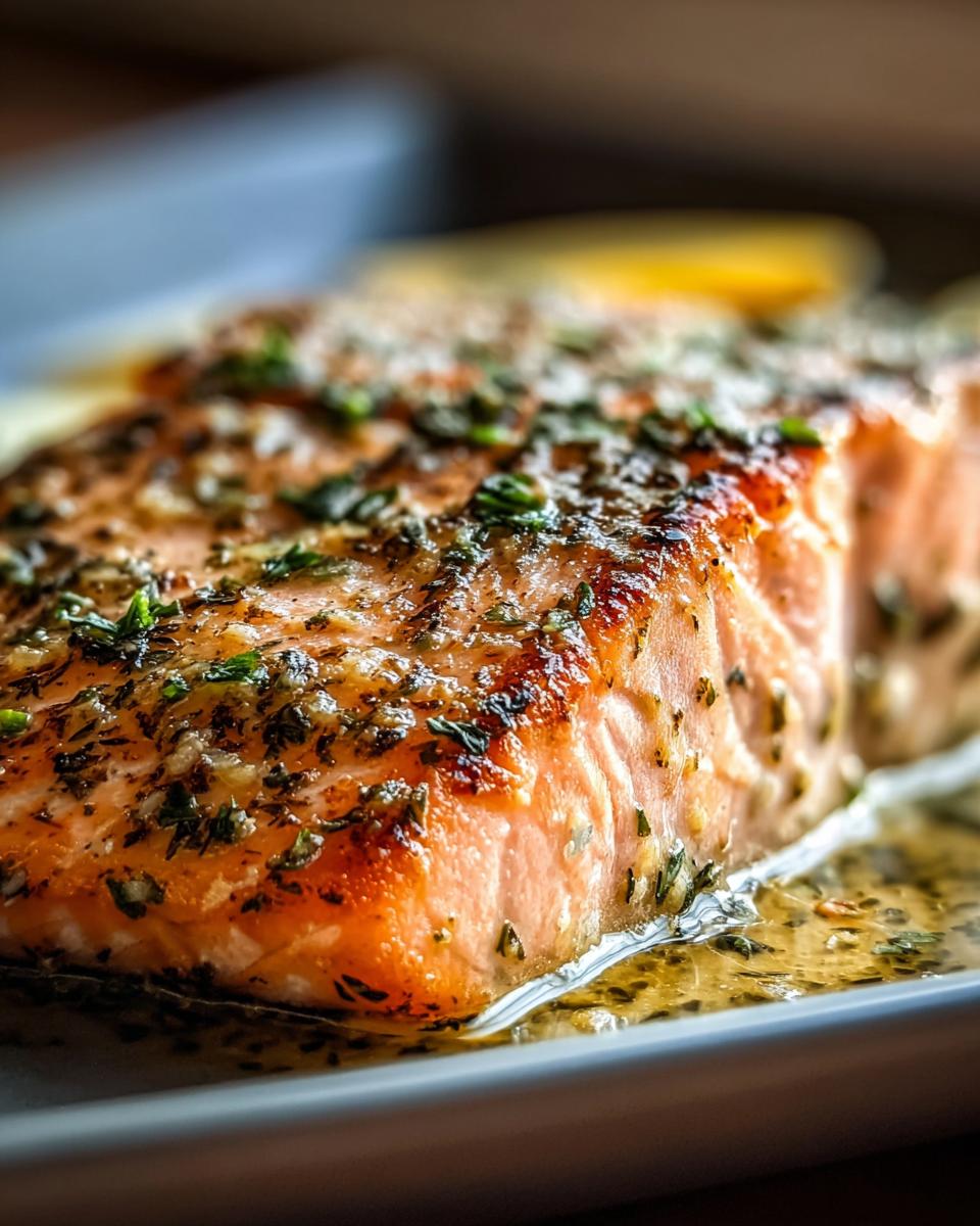 A close-up of a perfectly baked salmon fillet topped with Dijon mustard and fresh herbs.