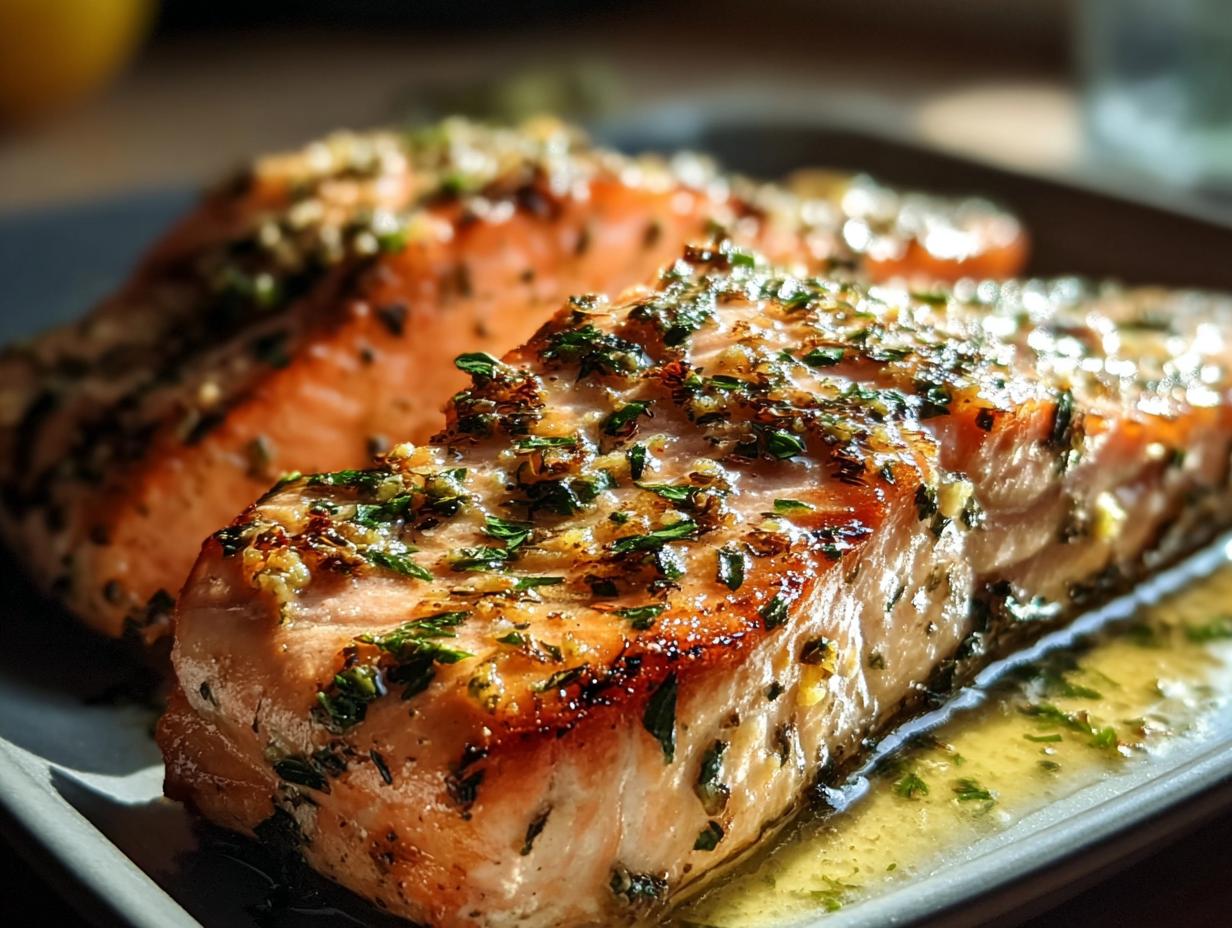 Close-up of perfectly baked salmon fillets seasoned with Dijon mustard and fresh herbs.