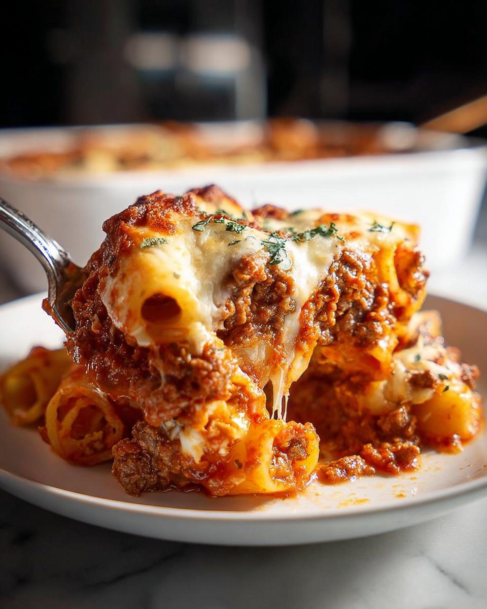 A serving spoon lifts a portion of Baked Ziti with melty cheese and rich meat sauce onto a plate.