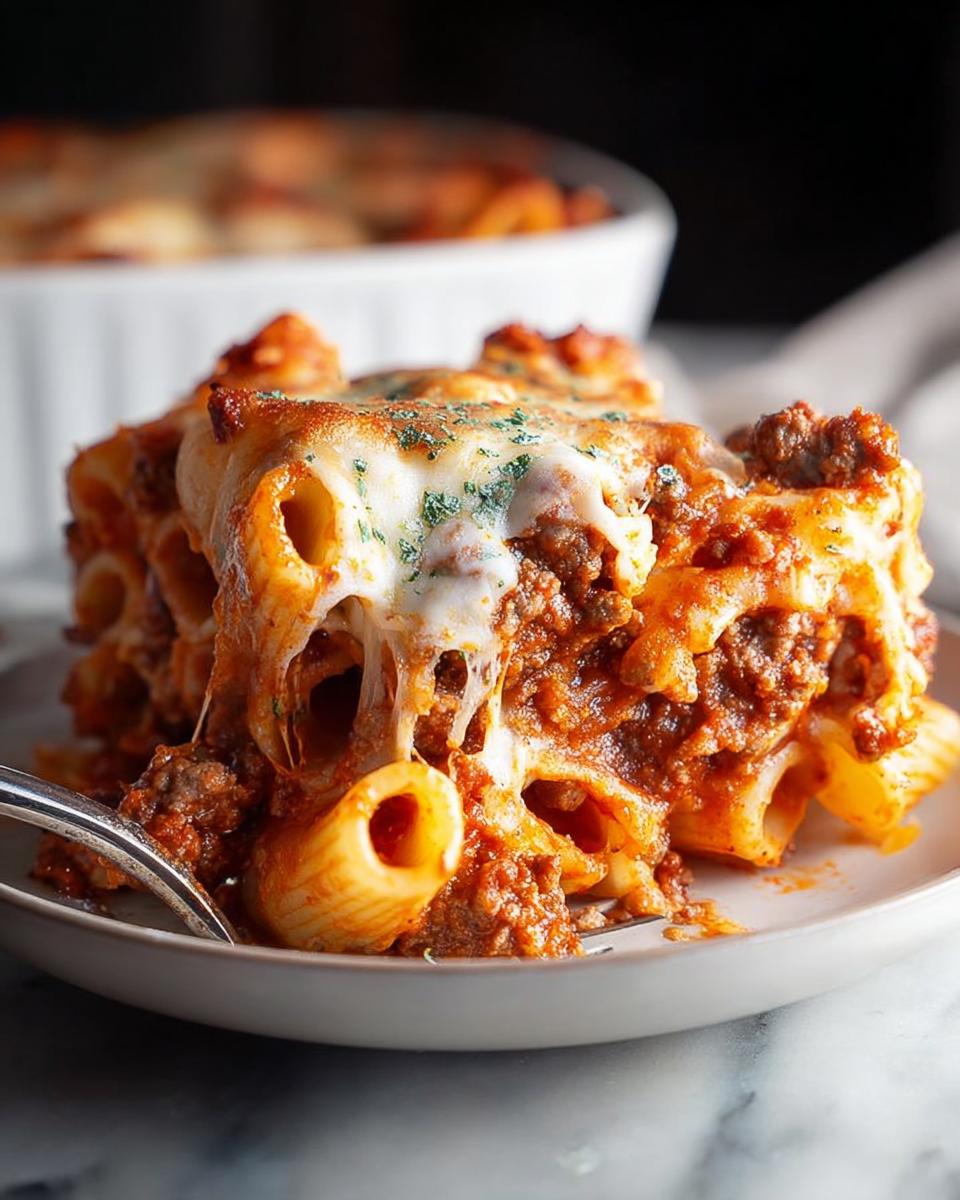 A generous serving of Baked Ziti with melty cheese and rich meat sauce, garnished with parsley.