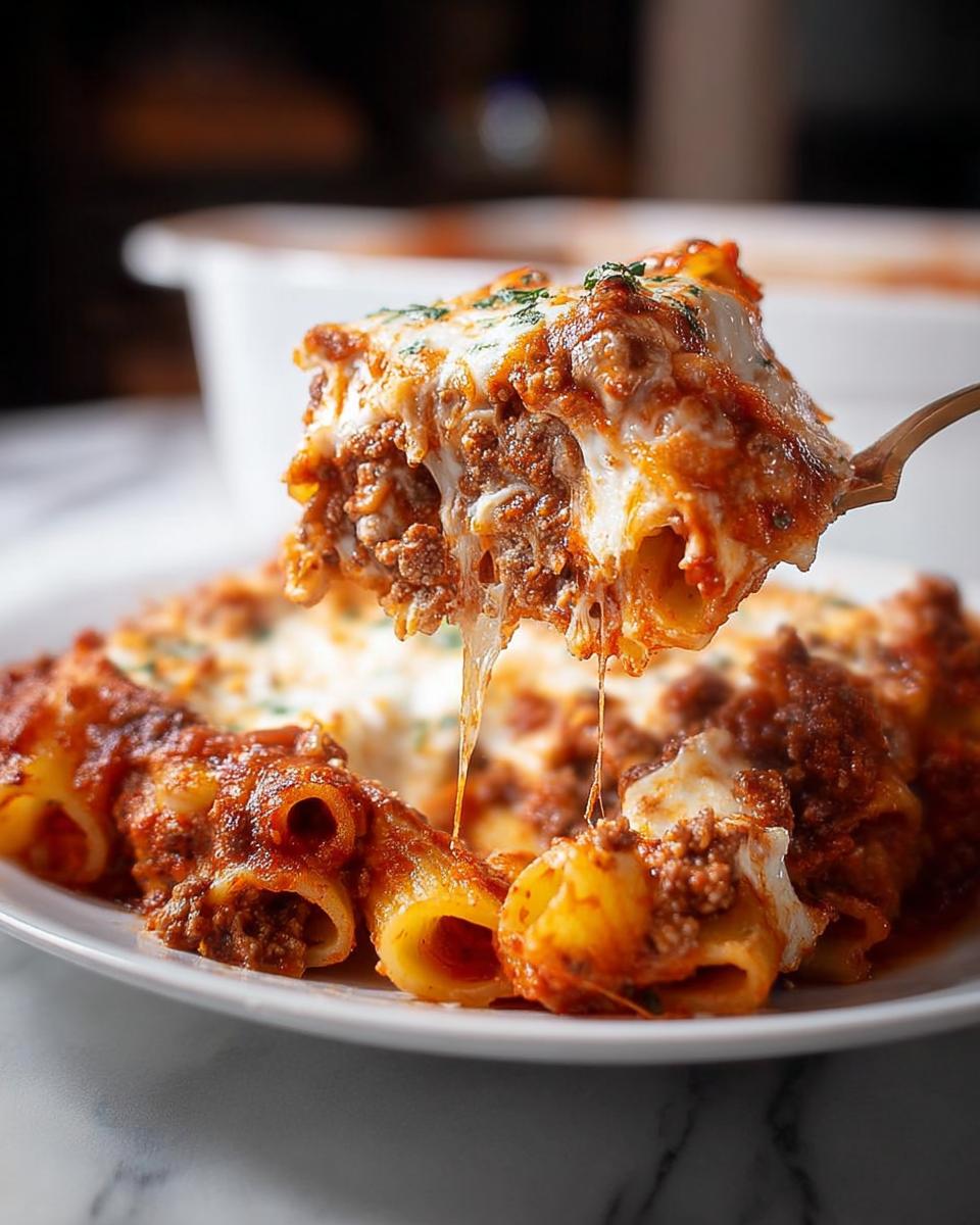 A serving spoon lifting a piece of Baked Ziti with melty cheese and rich meat sauce.